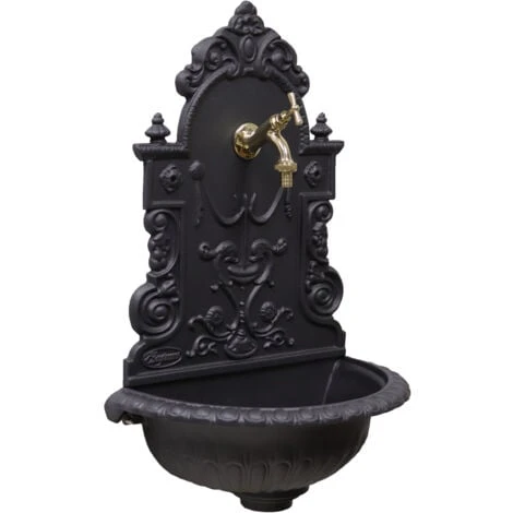 Fontana A Muro Mod.Granada Grigio Ghisa Per Casa Giardino + Rubinetto Cod.303L In Ottone Lucido 1 Fontana A Muro Mod.Granada Grigio Ghisa Per Casa Giardino + Rubinetto Cod.303L In Ottone Lucido