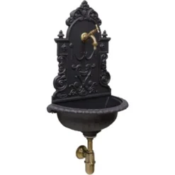 Fontana A Muro Mod.Granada Grigio Ghisa Per Casa Giardino+ Rubinetto Cod.303B In Ottone Brunito E Sifone