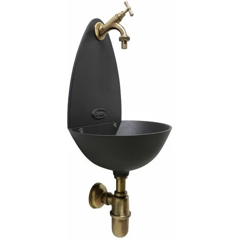Fontana A Muro Mod.Palma Colore Ghisa Per Casa Giardino + Rubinetto Cod.303B In Ottone Brunito E Sifone 1 Fontana A Muro Mod.Palma Colore Ghisa Per Casa Giardino + Rubinetto Cod.303B In Ottone Brunito E Sifone