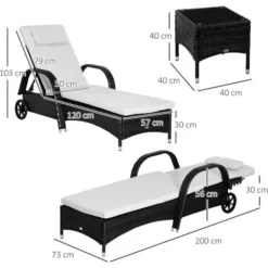 Outsunny Set 2 Sdraio Lettino Prendisole In Rattan Con Materassino Imbottito E Tavolino, Nero -OUTSUN Giardino Negozio 28944390 3