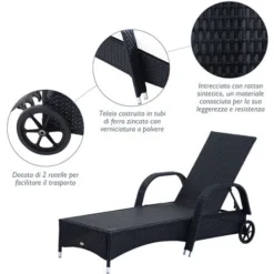 Outsunny Set 2 Sdraio Lettino Prendisole In Rattan Con Materassino Imbottito E Tavolino, Nero -OUTSUN Giardino Negozio 28944390 5