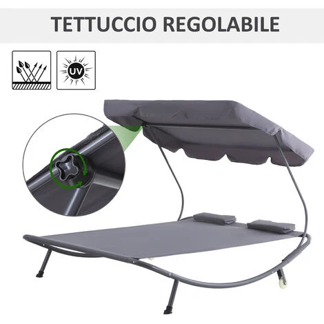 Outsunny Lettino Sdraio Prendisole Matrimoniale Con Tettuccio Regolabile, Grigio 4 Outsunny Lettino Sdraio Prendisole Matrimoniale Con Tettuccio Regolabile, Grigio - immagine 4