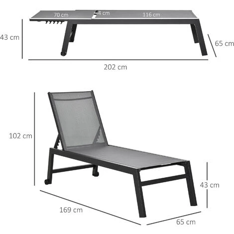 Outsunny Lettino Sdraio In Alluminio E Textilene Con Schienale Regolabile E Ruote Nero E Grigio 3 Outsunny Lettino Sdraio In Alluminio E Textilene Con Schienale Regolabile E Ruote Nero E Grigio - immagine 3