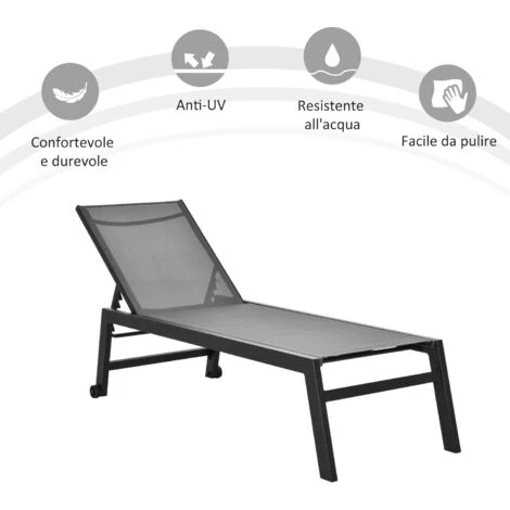 Outsunny Lettino Sdraio In Alluminio E Textilene Con Schienale Regolabile E Ruote Nero E Grigio 4 Outsunny Lettino Sdraio In Alluminio E Textilene Con Schienale Regolabile E Ruote Nero E Grigio - immagine 4
