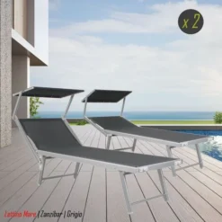 Lettino Piscina X2 Mare Spiaggia Alluminio Parasole Regolabile 2 Posizioni Grigio