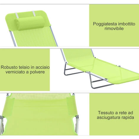 Outsunny Lettino Prendisole Reclinabile Pieghevole Con Cuscino, Verde 5 Outsunny Lettino Prendisole Reclinabile Pieghevole Con Cuscino, Verde - immagine 5