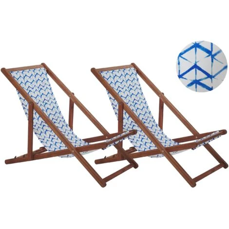 Set Di 2 Sedie Sdraio Per Giardino In Legno Scuro Bianco E Blu Anzio 1 Set Di 2 Sedie Sdraio Per Giardino In Legno Scuro Bianco E Blu Anzio
