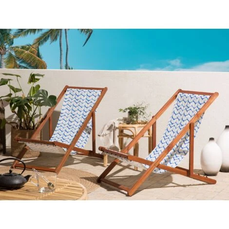 Set Di 2 Sedie Sdraio Per Giardino In Legno Scuro Bianco E Blu Anzio 2 Set Di 2 Sedie Sdraio Per Giardino In Legno Scuro Bianco E Blu Anzio - immagine 2