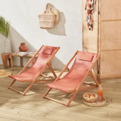 Sdraio Chilienne In Legno - Modello: Creus - 2 Sdraio In Legno Di Eucalipto FSC Oliato Con Cuscino Poggiatesta, Colore: Terracotta