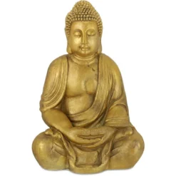 Relaxdays Buddha, Figura Da Giardino, Resistente Alle Intemperie, Buddha Seduto, Poliresina, HBT: 70x45x35 Cm, Dorata