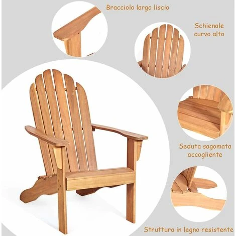 Adirondack Chair Sedia A Sdraio Da Spiaggia Poltrona Giardino, Lettino Prendisole (Naturale) 2 Adirondack Chair Sedia A Sdraio Da Spiaggia Poltrona Giardino, Lettino Prendisole (Naturale) - immagine 2