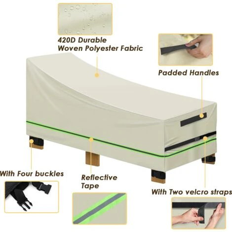 Patio Chaise Lounge Copertura Reclinabile Impermeabile Con Strisce Di Nastro Riflettente Beige 3 Patio Chaise Lounge Copertura Reclinabile Impermeabile Con Strisce Di Nastro Riflettente Beige - immagine 3