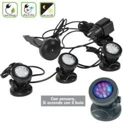 Set 3 Faretti Per Laghetto Con Sensore Di Accensione Sommergibili Led 3000