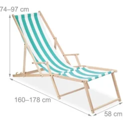 Relaxdays Sdraio Pieghevole Regolabile, 3 Posizioni, Braccioli, Legno Di Faggio E Tessuto, Marrone Chiaro, Bianco/Blu -OUTSUN Giardino Negozio 51981004 4