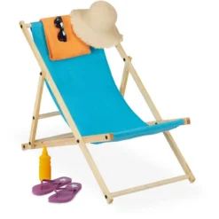 Relaxdays Sdraio Pieghevole, In Legno E Stoffa, Sedia Per Il Balcone, Il Giardino, La Spiaggia, 3 Posizioni, Celeste