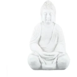 Relaxdays Statua Del Buddha Seduto, Figura Da Giardino Alta 50 Cm, Resistente Alle Intemperie E Gelo, Poliresina, Bianco