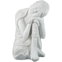 Relaxdays Statua Del Buddha, Figura Da Giardino Alta 60 Cm, Resistente Alle Intemperie E Gelo, Poliresina, Bianco