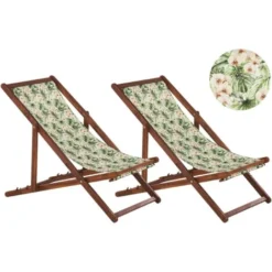 Set Di 2 Sedie Sdraio Da Giardino In Legno D'acacia Naturale Scuro Foglie E Fiori Rosa Anzio