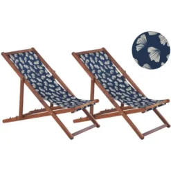 Set Di 2 Sedie Sdraio Da Giardino In Legno D'acacia Naturale Scuro Farfalle Beige E Blu Marino Anzio