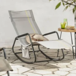 SoBuy Poltrona A Dondolo Da Giardino Sedia A Dondolo Esterno Con Tasca Laterale Portata Fino A 150 Kg Grigio Chiaro OGS47-HG -OUTSUN Giardino Negozio 58771672 5