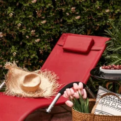 SoBuy Sedia Sdraio Lettino Da Giardino In Verniciato A Polvere Ferro E Tessuto Di Teslin, Rosso, OGS38-R -OUTSUN Giardino Negozio 59305911 3