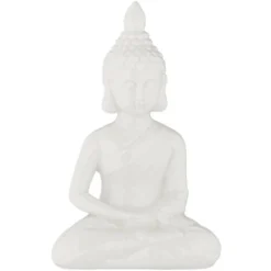 Relaxdays Statua Del Buddha Seduto, Figura H:17 Cm, Per Interni Ed Esterni, Resistente Alle Intemperie, Ceramica, Bianco