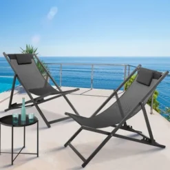 Set Di 2 Lettini Pieghevoli In Acciaio E Textilene, Grigio Antracite LOTA