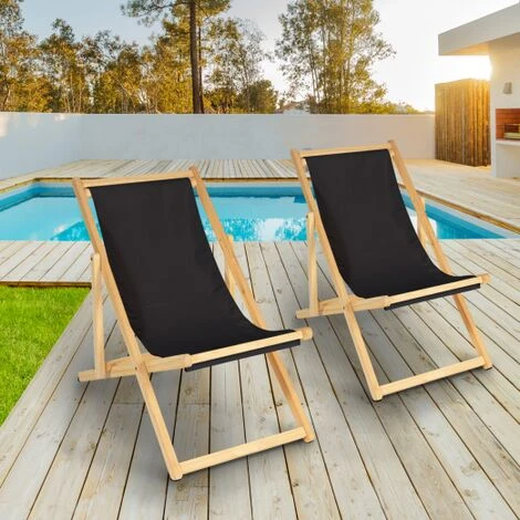 Set Di 2 Lettini Pieghevoli Chilienne Legno Tela Nero 1 Set Di 2 Lettini Pieghevoli Chilienne Legno Tela Nero