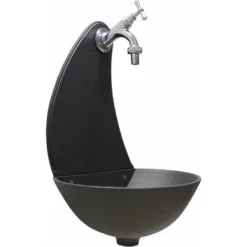 Fontana A Muro Modello Luna Colore Grigio Ghisa Per Casa E Giardino Con Rubinetto Cod.303C In Ottone Cromato