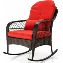 Giantex Poltrona A Dondolo, In Rattan + Ferro, Con Cuscino Morbido, Portata Di 110 Kg, Ideale Per Griadino, Cortile, Patio, Terrazza, 67x87x95 Cm